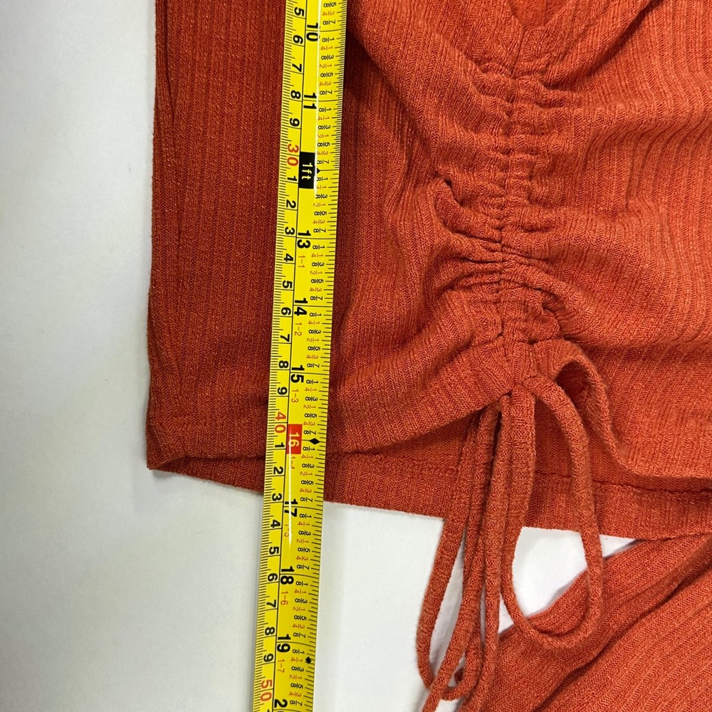 SHEIN Womens Burnt Orange Ribbed Bell Sleeve Drawstring Ruched Crop Top Size S - Picture 6 of 8